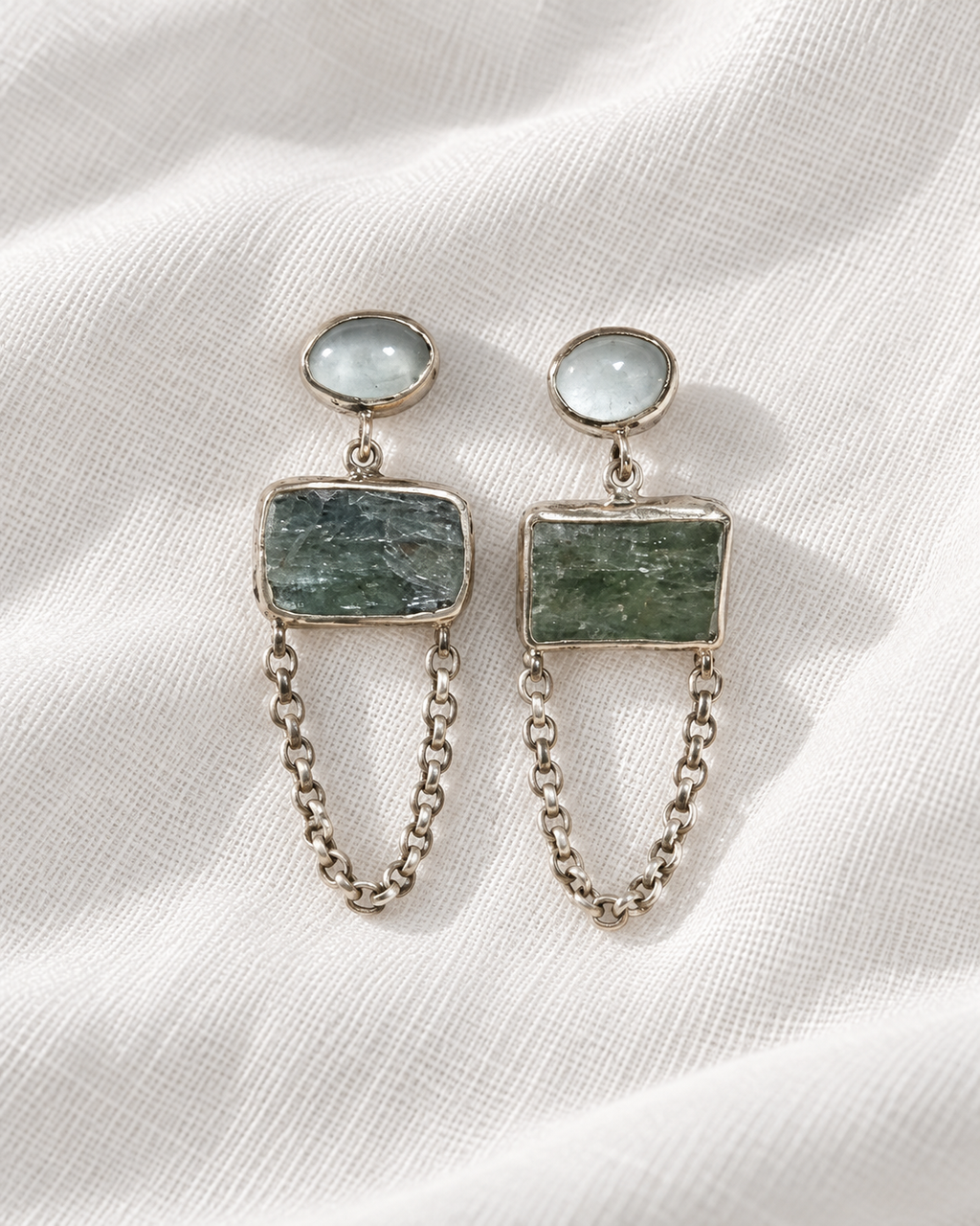Raw Kyanite ve Akuamarin Gümüş Küpe