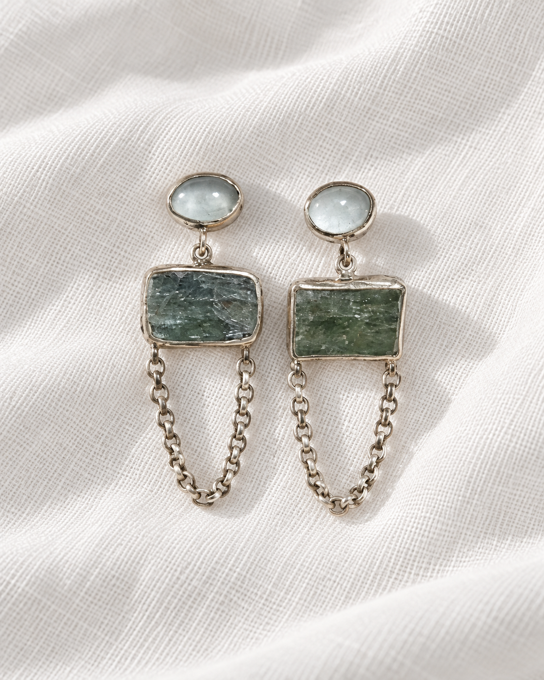 Raw Kyanite ve Akuamarin Gümüş Küpe