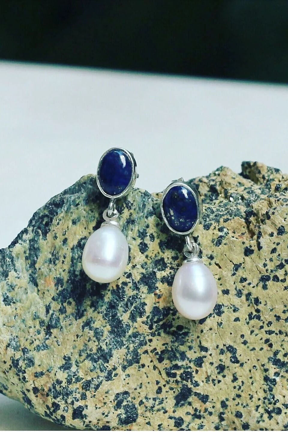 Damla İnci ve Lapis Taşlı Küpe 925 Ayar Gümüş