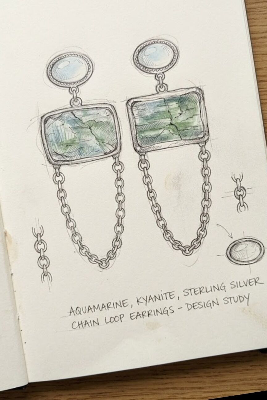 Raw Kyanite ve Akuamarin Gümüş Küpe