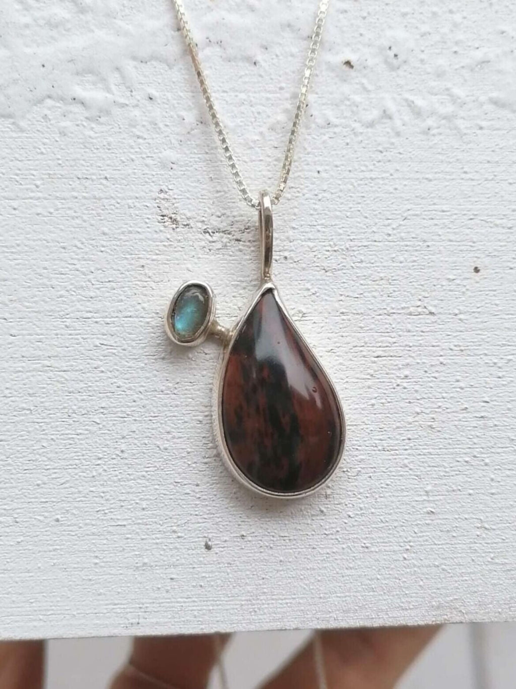 Damla Mahogany Obsidian ve Labradorite Taşlı Gümüş Kolye