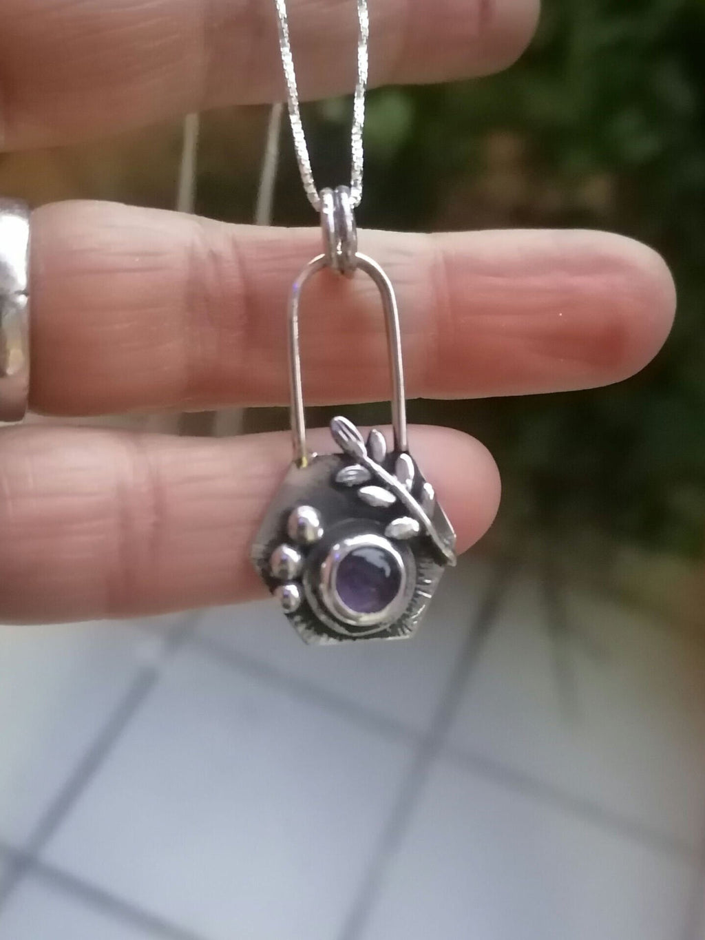 Gümüş Ametist Taşlı Altıgen Kolye