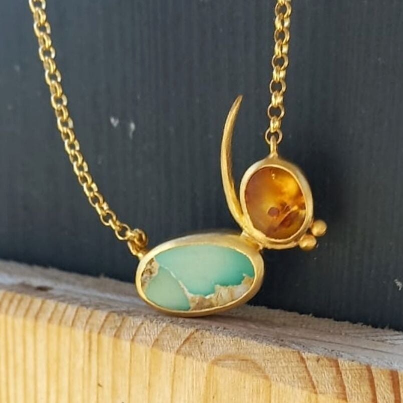 Turkuaz ve Kehribar Mimoza Kolye